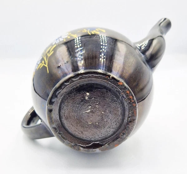 GEORGIAN JACKFIELD GLAZE POTTERY ENAMELLED BACHELORS TEAPOT c1780 a/f