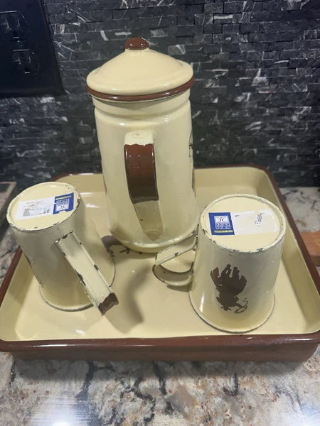 Vintage Cowboy Enamelware Coffee Pot Cups & Tray Set Western Creative Co-Op