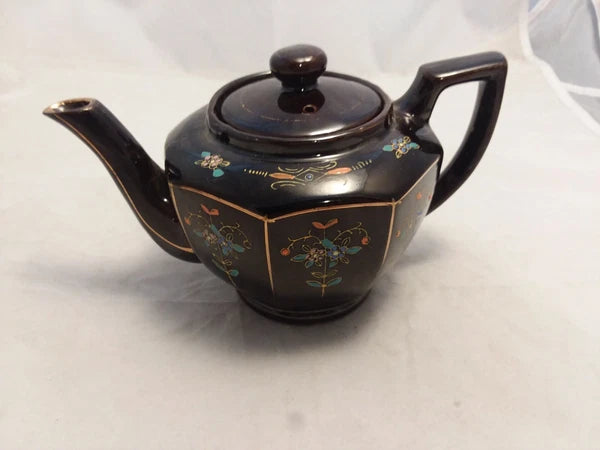 Japan Vintage Black Glazed Tea Pot Hand-painted Design Flowers Gold Trim Hexagon