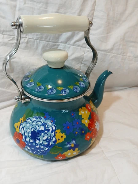 The Pioneer Woman Dazzling Dahlias Enamel Steel Teal 1.9 Quart Tea Kettle Pot