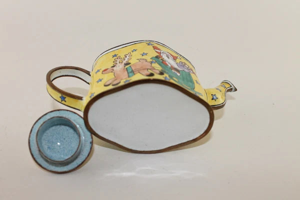 Vintage Collectible Kelvin Chen Enamel Miniature Yellow Teapot Santa w Reindeer