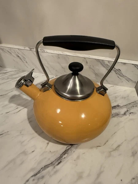 Vintage Chantal Whistling Tea Kettle Yellow Orange Enamel Color Metal