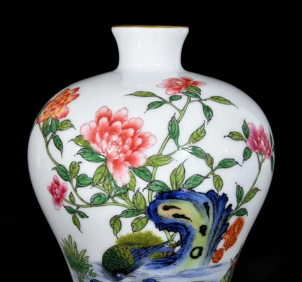 Yongzheng Signed Old Chinese Colour Enamel Vase W/bird N3639