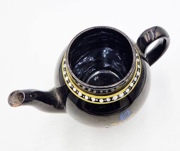 GEORGIAN JACKFIELD GLAZE POTTERY ENAMELLED BACHELORS TEAPOT c1780 a/f