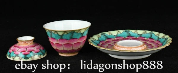 6.2" Old Chinese Qianlong Enamel Porcelain Lotus Flower Lid Tea Plate Tray