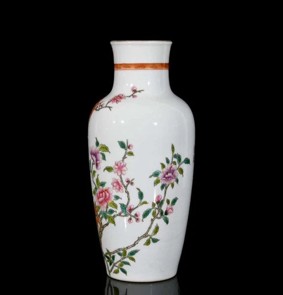 Yongzheng Signed Pair Old Chinese Colour Enamel Vase W/flower N3363