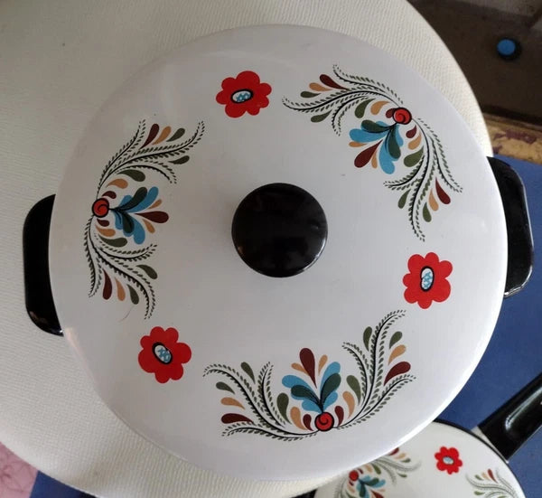 VTG White Enamelware Rosemaling Cookware 6 piece Tea pot stock pot sauce pan