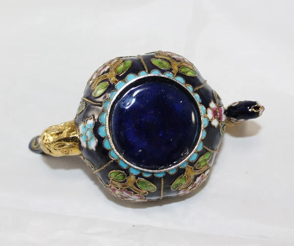 Miniature Cobal Blue Enamel Gilded Cloisonne Colorful Floral Teapot no Lid Cute