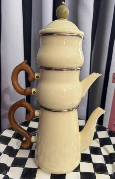 MacKenzie Childs Stacked Camp Cream Enamel Teapot Cream & Sugar High tea