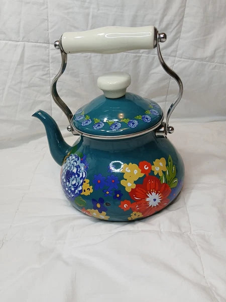 The Pioneer Woman Dazzling Dahlias Enamel Steel Teal 1.9 Quart Tea Kettle Pot
