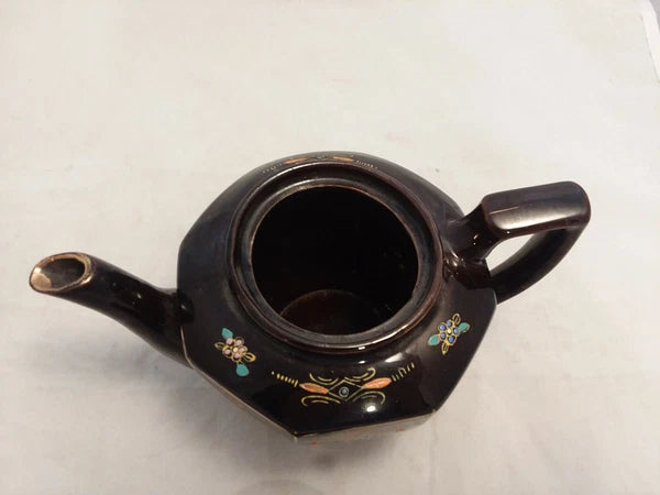 Japan Vintage Black Glazed Tea Pot Hand-painted Design Flowers Gold Trim Hexagon