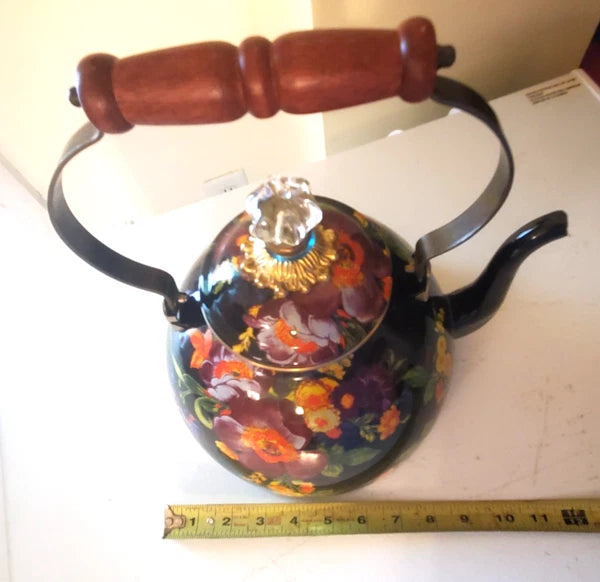 Mackenzie-Childs Black Flower Market Teapot Halloween Autumn Fall 3 QT Quart