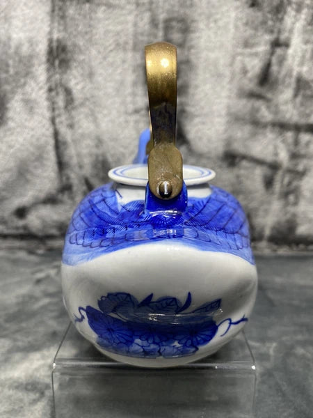 Vintage Duck Teapot, Tea Bag Holder Lid Blue White Floral Porcelain Metal Handle