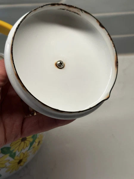 Vintage Yellow Enamel Teapot Wooden Handle Daisy Flowers MCM Retro Metal