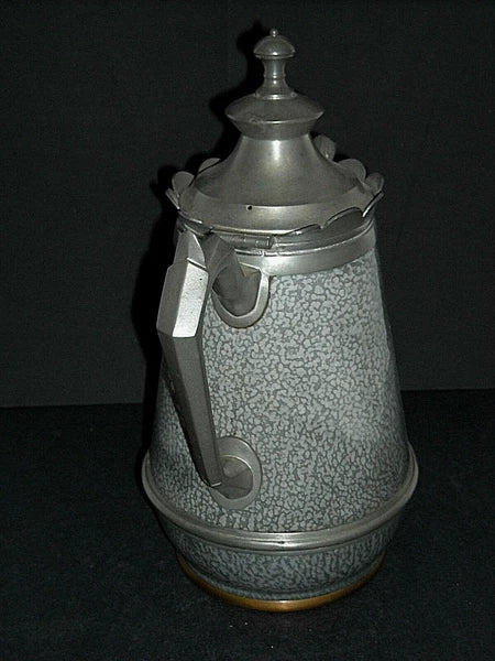 Excellent Early (1890 - 1905) Tall Grey Graniteware Teapot - Pewter Trimmed