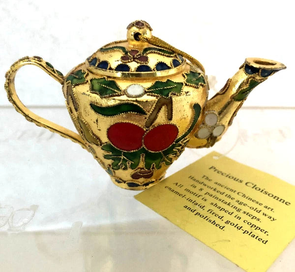 Cloisonné Style Enamel Mini Teapot Ornament Gold with Cherries and Fruit 4 in.