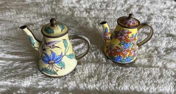 Collector’s Hand Painted Enamel Teapot Flowers  Butterflies Kelvin Chen Unsigned