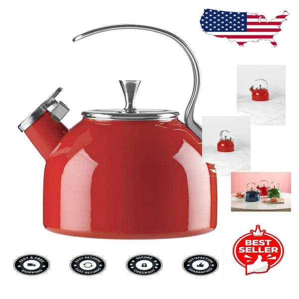 Vibrant Red Enamel Tea Kettle - 2.5 Quart Capacity for Fashionable Serving