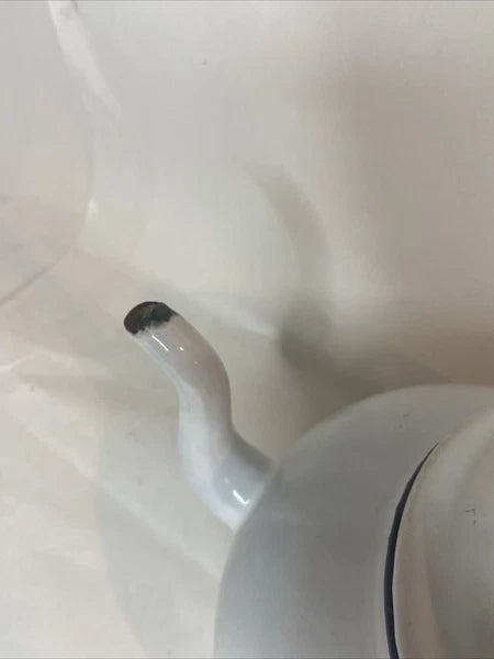 VINTAGE WHITE WITH BLUE TRIM ENAMEL WARE TEA POT