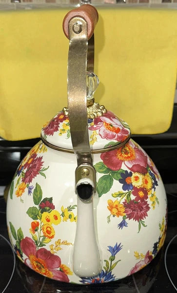 Mackenzie - Childs “White Flower Market” 3qt Enamel Tea Kettle NEW Open Box
