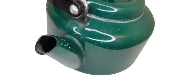 Vintage Teal Green Enamel Tea Kettle with Black Plastic Handle