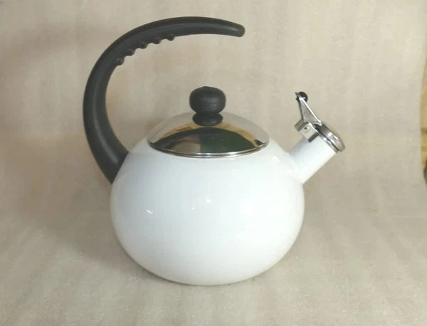 Vintage Farberware White Enamel Teapot Loud Whistling Kettle Half Handle