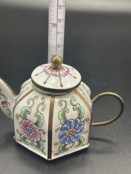 Chinemel B. Yee Enamel On Copper Miniature White Teapot W/Floral