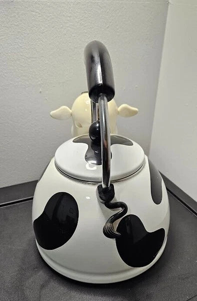 Vintage M Kamenstein Cow Tea Kettle With Bell Enamel Whistling Teapot