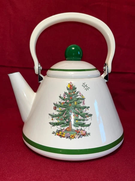 Vintage Spode Christmas Tree Enamel Teapot Kettle With Lid Good Condition
