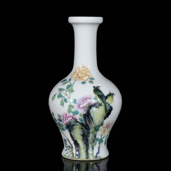 Yongzheng Signed Old Chinese Colour Enamel Vase W/bird N3274