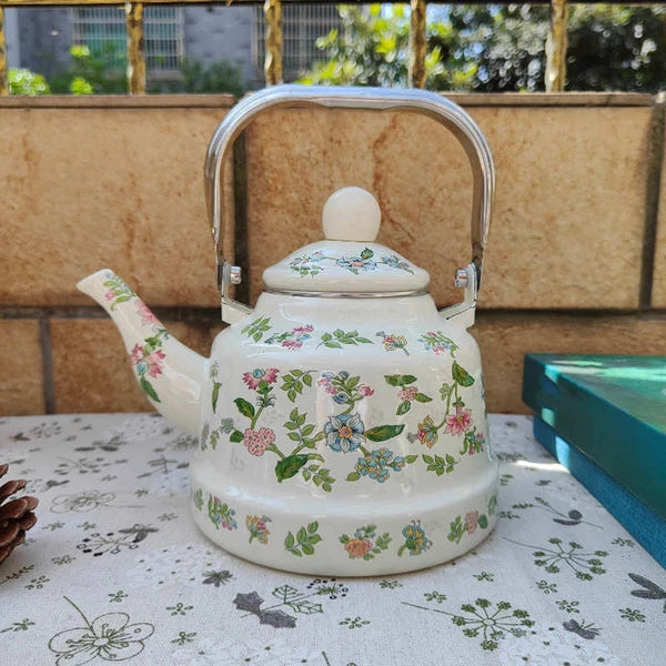 Enamel Water Kettle Coffee Pot Versatile 1.7L with Strainer with Lid Floral