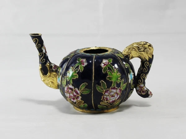 Miniature Cobal Blue Enamel Gilded Cloisonne Colorful Floral Teapot no Lid Cute