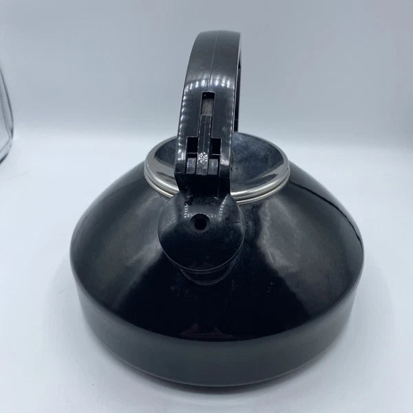 Vintage Black Enamel Tea Kettle Metal Sleek Design Silver Lid Black Knob