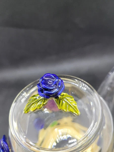 Teffania Teapot Handcrafted Crystal Glass W Blue Roses And Rhinestons 12 OZ  A12