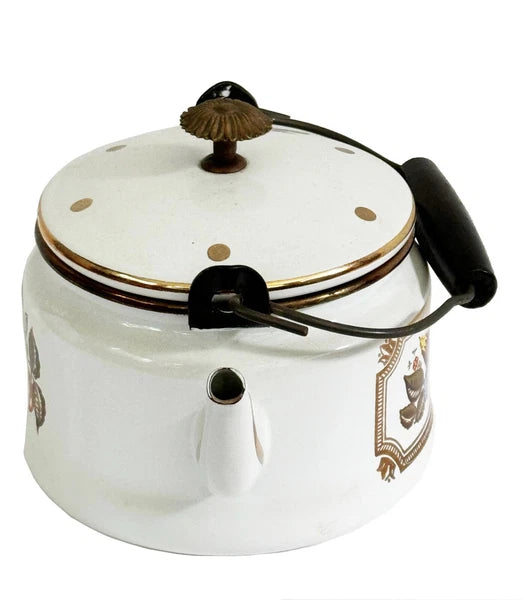 GEORGES BRIARD Tea Kettle Enamelware Fruit Vegetables Gold Accents Mid Century