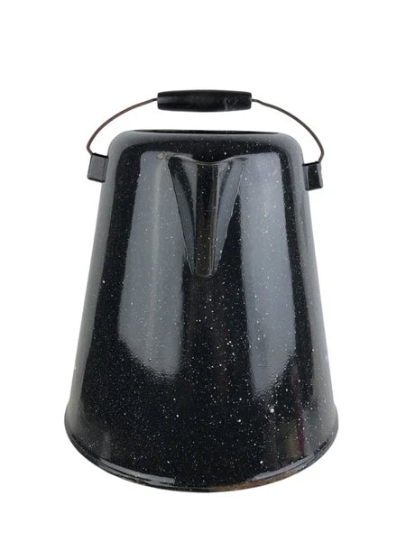 Vtg Enamelware Coffee Tea Pot Camping Kettle Black Speckled 10.5” Tall No Lid