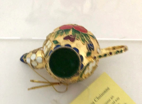 Cloisonné Style Enamel Mini Teapot Ornament Gold with Cherries and Fruit 4 in.