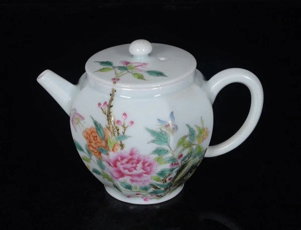 6“ China ancient Qing Yongzheng Celadon glaze Enamel color Floral pattern pot