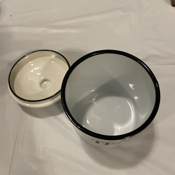 White with black Trim Enamel Ware TEA Canister, Farm House Style