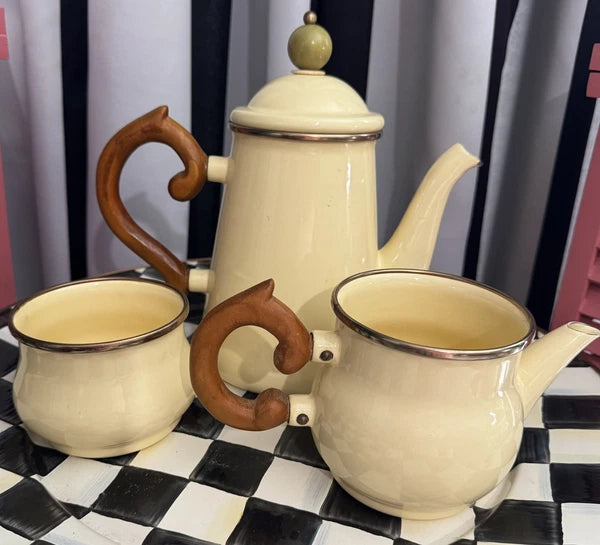 MacKenzie Childs Stacked Camp Cream Enamel Teapot Cream & Sugar High tea