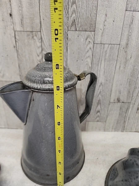 Stunning Vtg Grey Enamel Splatterware Lot Agate Can. Spout Teapot Bundt Pan Farm