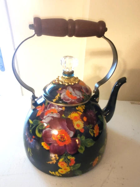 Mackenzie-Childs Black Flower Market Teapot Halloween Autumn Fall 3 QT Quart