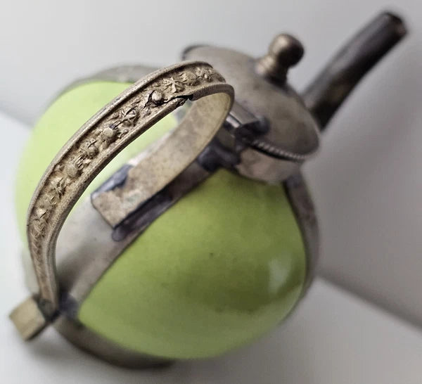 Vintage Moroccan Green Ceramic Ornate Metal Overlay Decorative Small Teapot VTG