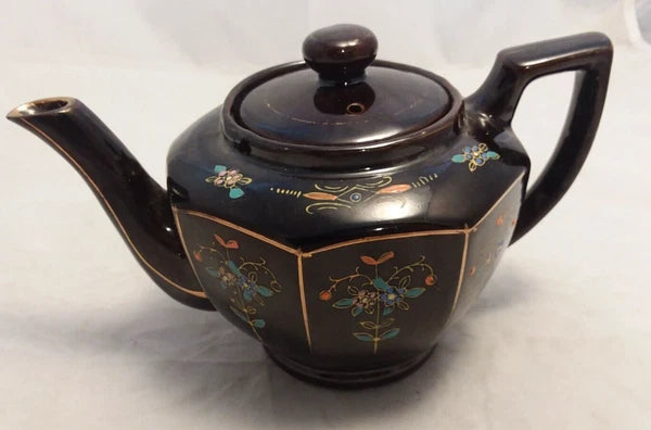 Japan Vintage Black Glazed Tea Pot Hand-painted Design Flowers Gold Trim Hexagon