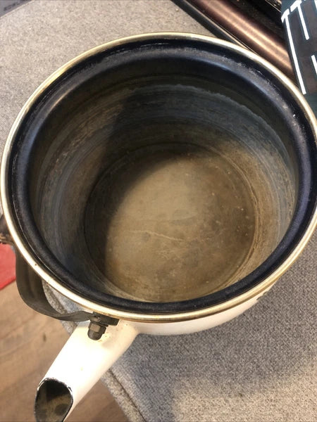 ASTA Enamelware Tea Kettle 1960s Teapot Brass Handles Floral Vintage 7”