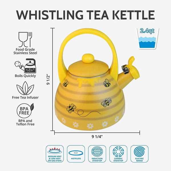 Supreme Novelty Enamel 2.4 Quart Whistling Stovetop Tea Kettle, Bee Hive *NEW*