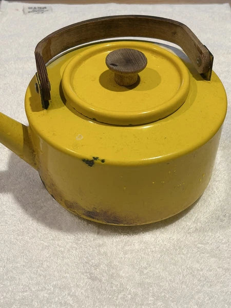 Enamelware Yellow teapot w wooden bentwood handle Copco Michael Lax Kettle retro