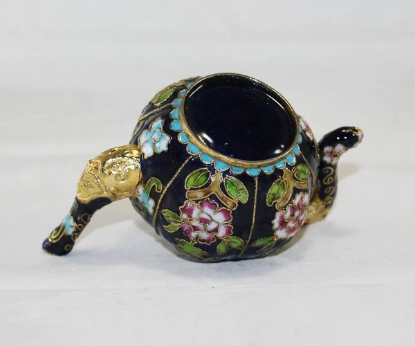 Miniature Cobal Blue Enamel Gilded Cloisonne Colorful Floral Teapot no Lid Cute