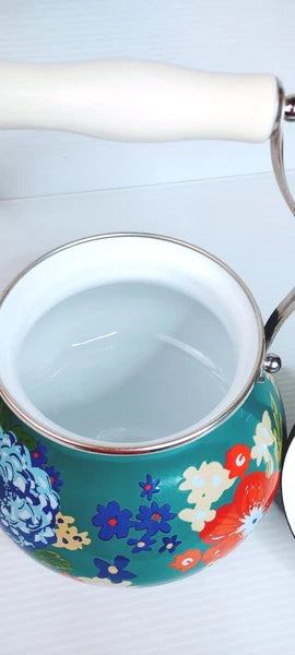 Pioneer Woman Enamel on Steel Dazzling Dahlias Tea Kettle, Excellent Gently Used