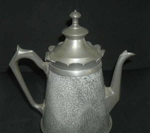 Early (1890 - 1905) Pewter-Trimmed Grey Graniteware Teapot - Enamel Ware